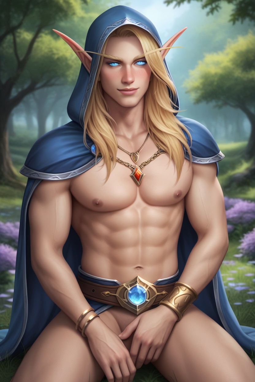 Kneeling In Blue Runic Circle, Medieval, Wide Opened Eyes AI Porn
