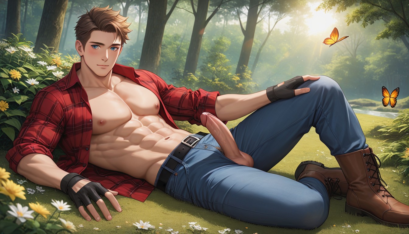 Brown Lumberjack Boots, Hands Spread, Dark Blue Jeans AI Gay Porn