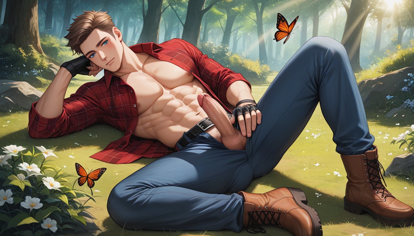Sun Rays, Rolled Up Sleeves, Open Clothes AI Gay Porn