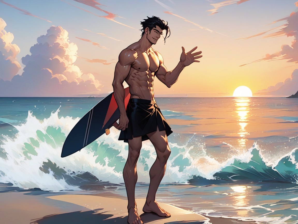 Full Body, Is One Hand Is Holding A Surfboard, Sunset AI Gay Porn