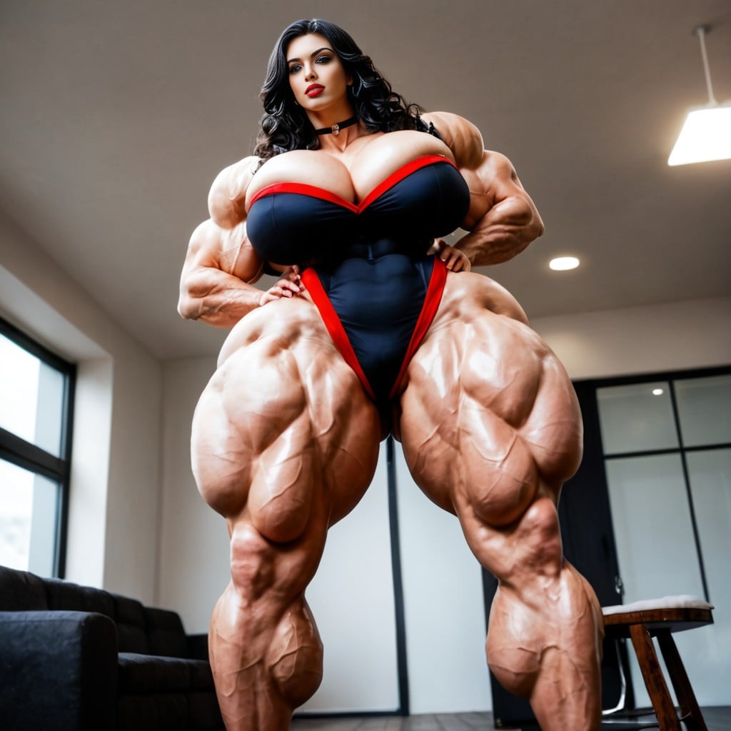 Wolfcut Wavy Hair, Thick Curvy Muscular Woman, Obcenely Titantic Gargantuan Hyper Breasts AI Porn