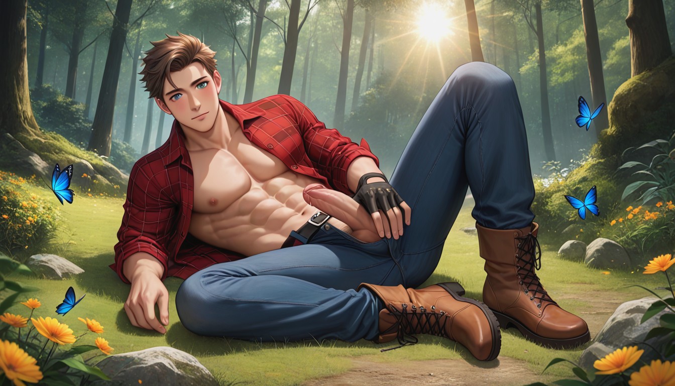 Background Forest, Flowers On Ground, Shy Horny Worried Face Expression AI Gay Porn