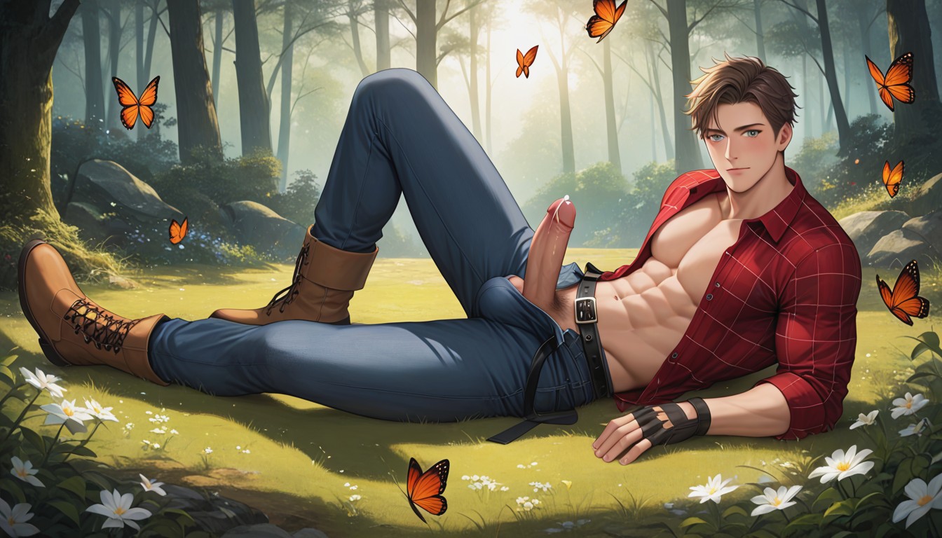 Straight Brown Hair, Open Clothes, Rolled Up Sleeves AI Gay Porn