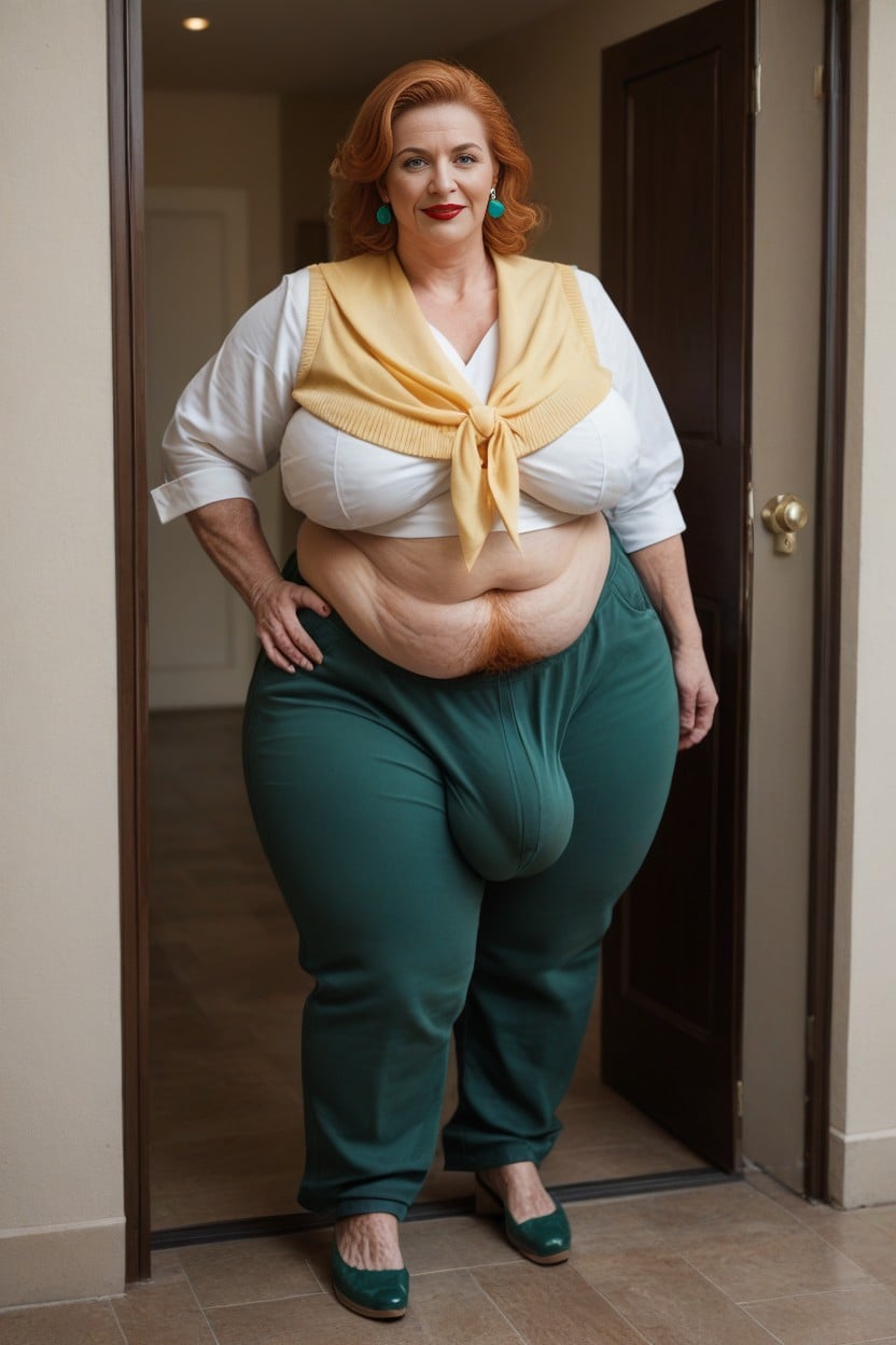 Fully Clothed, Standing On Front Porch Next To Front Door, Giant Tall Futanari AI Porn