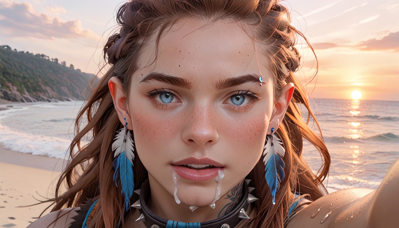 Drooling, Wet Face, Beach AI Porn