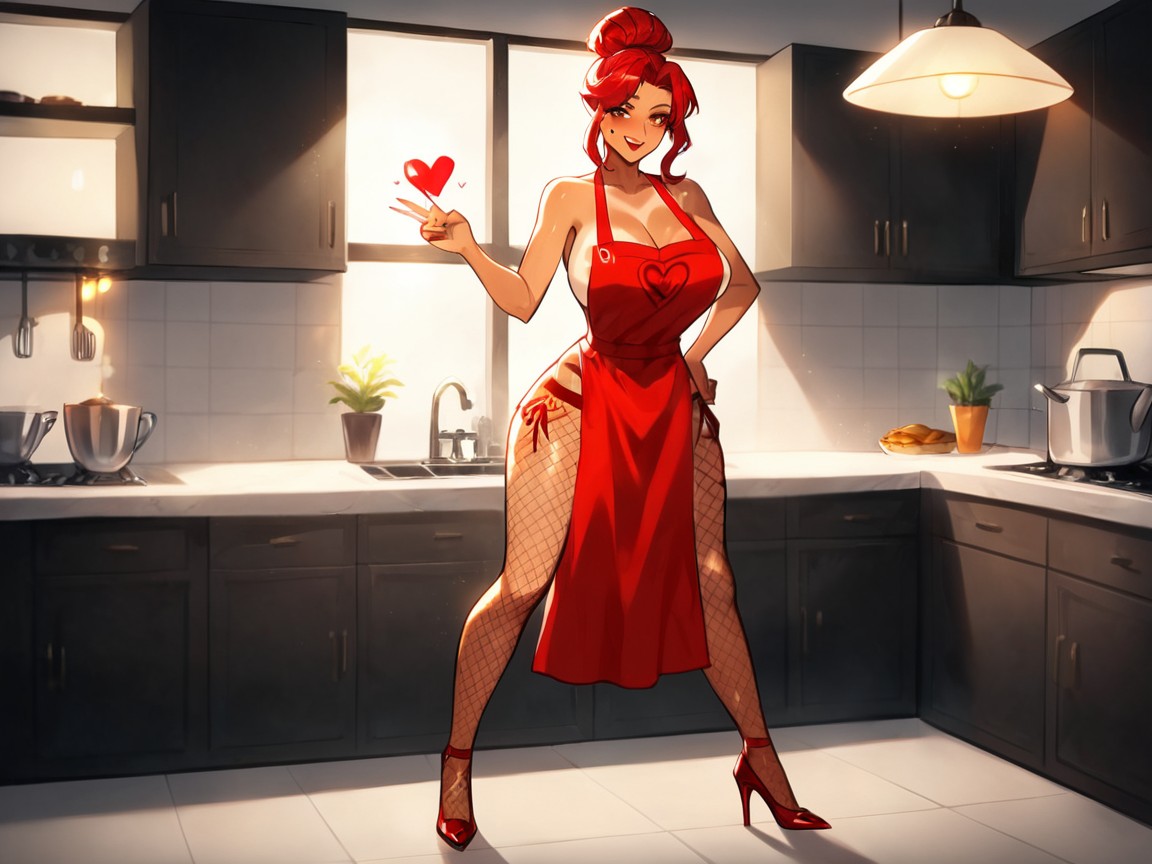 Nsfw, Wearing A Red Silk Apron, Large Perky Breasts Porno latina IA