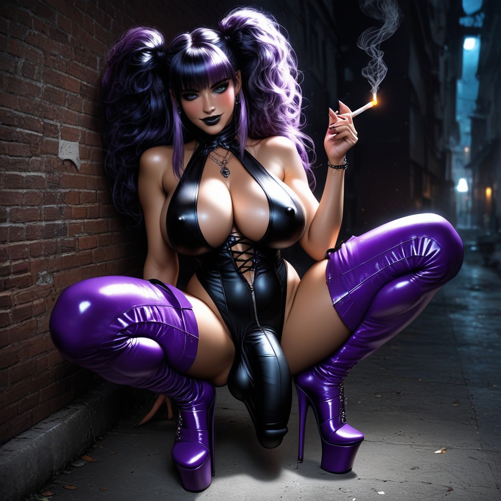 Purple Boots Open Toe Platform Thigh High Boots With Extremely High Heels, Big Purple Hair, Super Waist AI Porn
