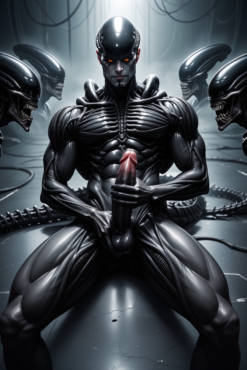 He Is Fully Human, Form Fitting Biomechanical Bodysuit Inspired By Hr Giger, His Hair Is Slightly Tousled AI Gay Porn