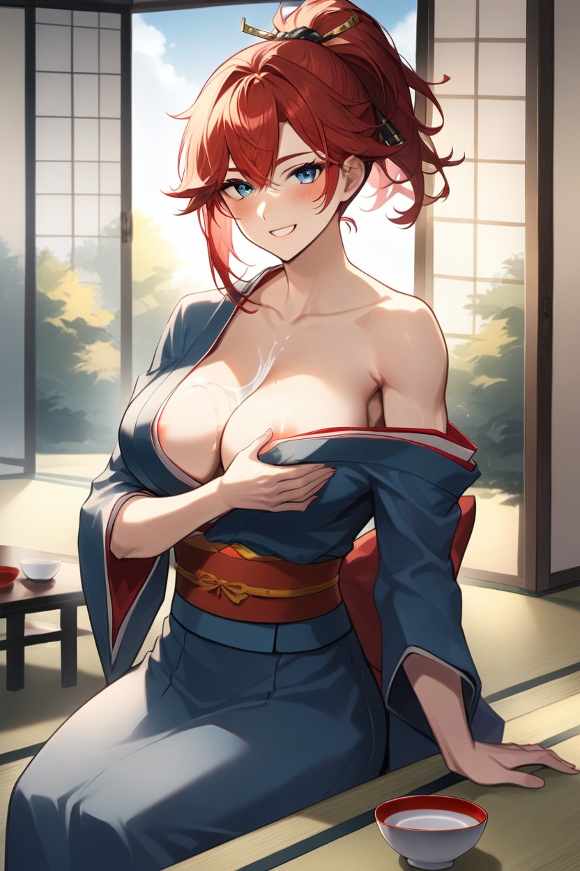 Smiling, Bright Red Hair, Arm Lifting Breasts Hentai AI Porn