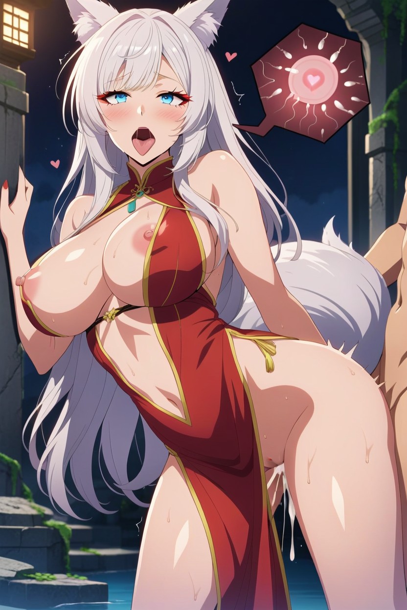 Bending Over, Cumming Noises, Red Tight Semi-transparent Chinese Dress AI Porn