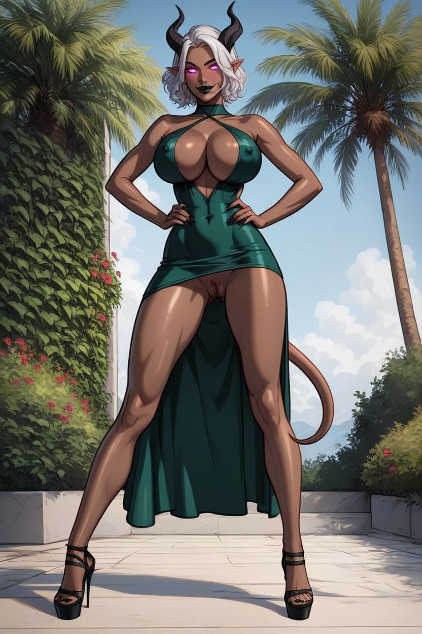 Deep Black Nailpolish, Tiefling Woman With Dark Grey Skin And Pixie White Hair, Blushing AI Porn