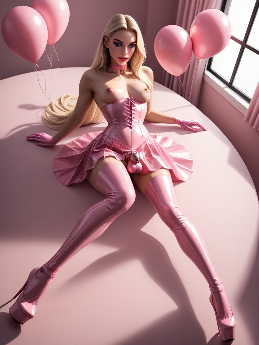 Pink Chastity, Pink Latex Sheets, 전신 쉬메일 AI 포르노