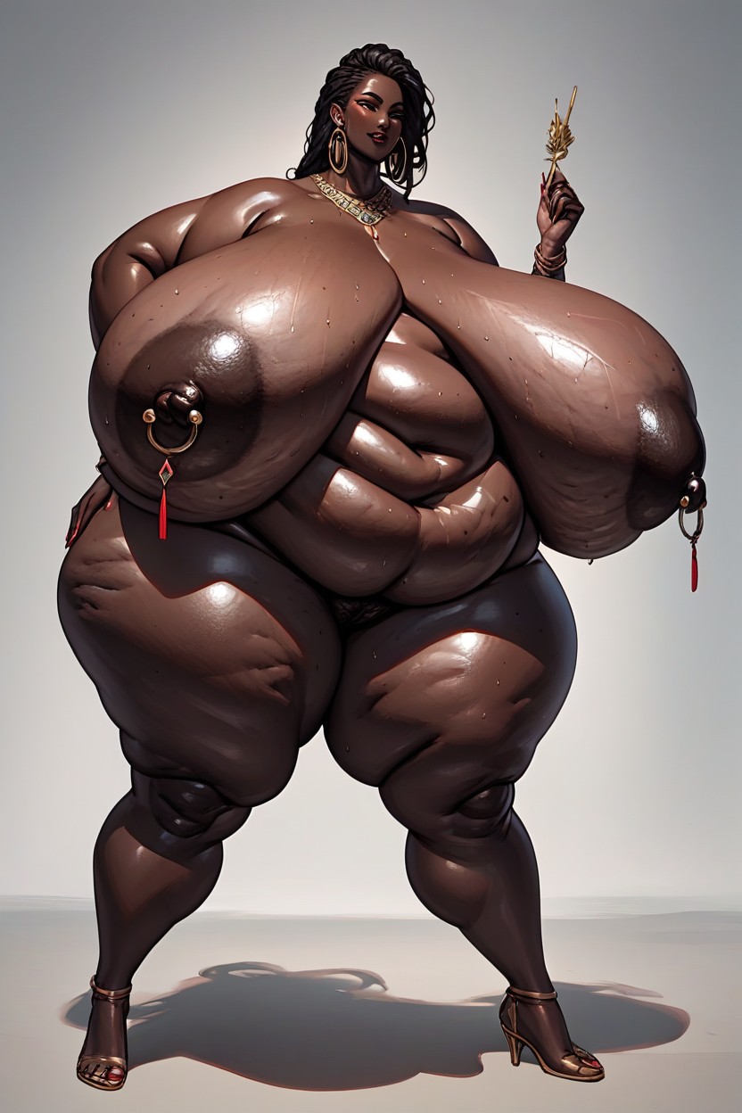 Deep Black Skin Color, Extremely Saggy Breasts Touching Her Waist, Hyper Fat Belly Porno BBW IA