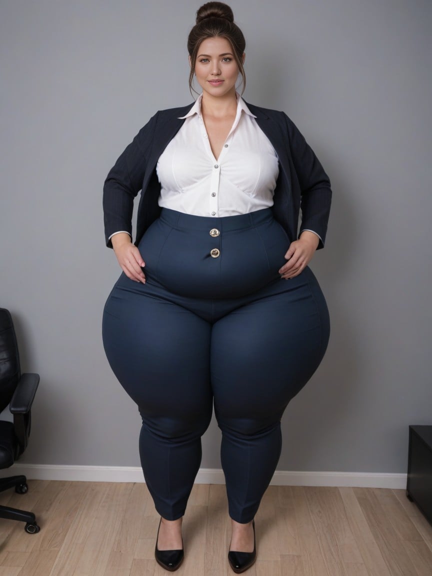 Small Breasts, Weight Gain, Light Blue Dress Pants With Stripes AI Porn