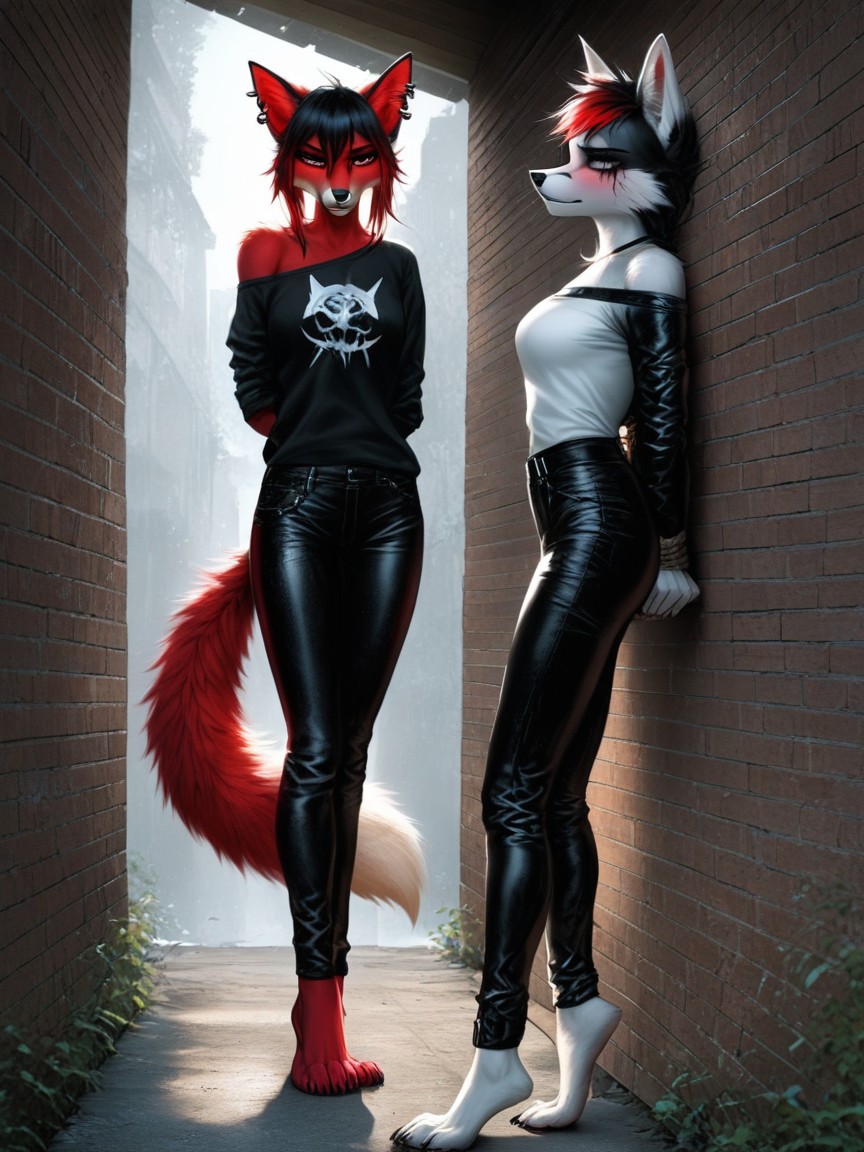 Red Highlights, White Emo Shirt, Cuerpo Completo Furry IA