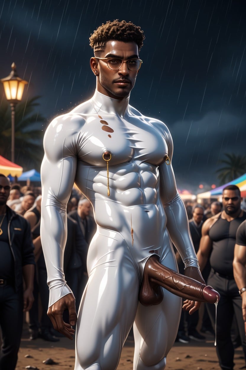 His Cock Is Sticking Out, He Has Gold Nipple Rings, Athletic AI Gay Porn