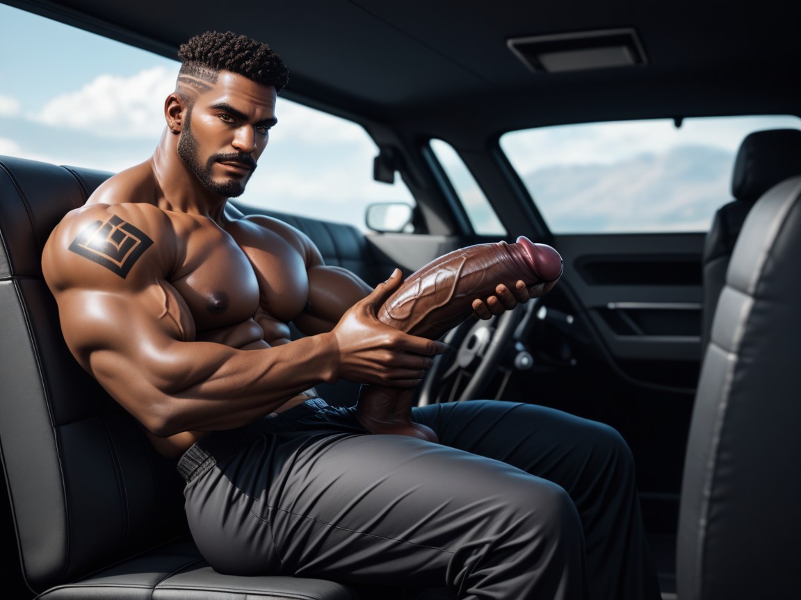 Sitting Legs Spread Wide, Extremely Long Black Dick, Full Body AI Gay Porn