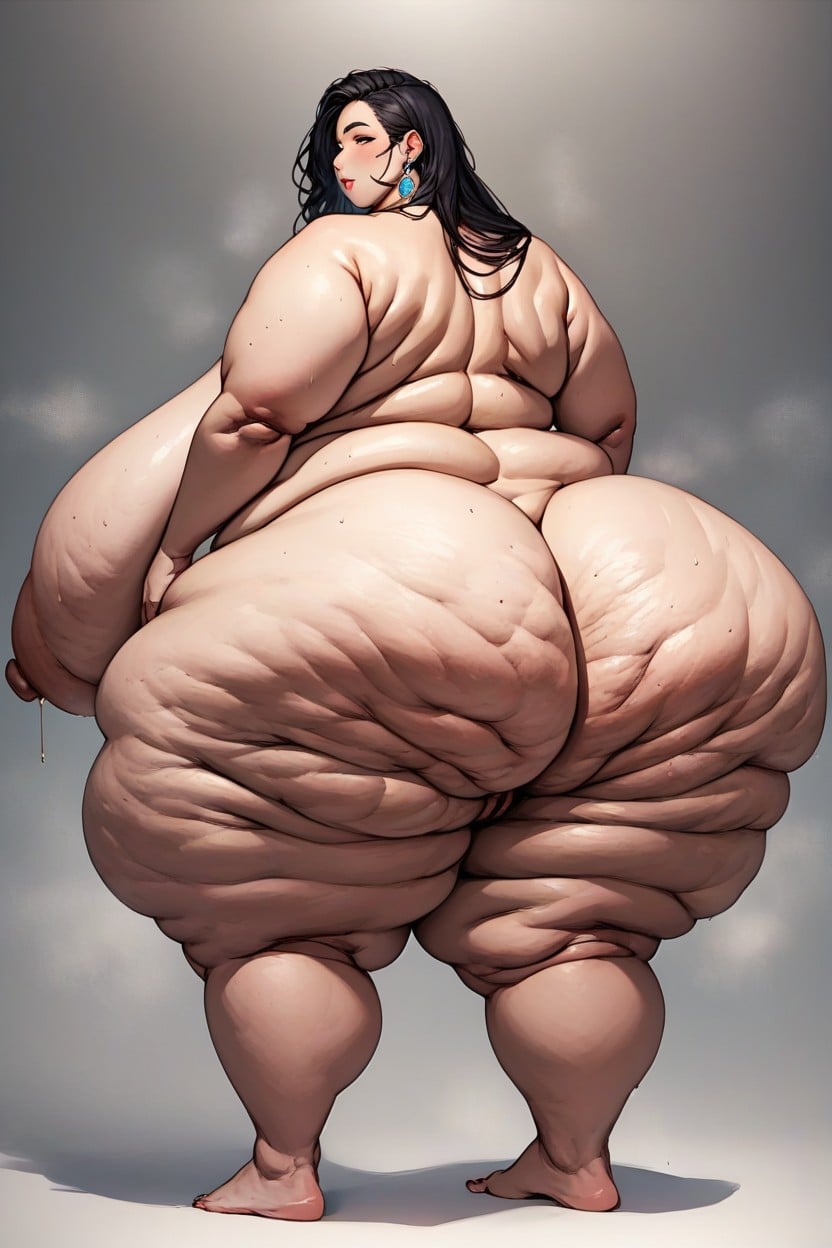 Broad Bodied Physique, Lower Part Of Her Belly Is Touching The Floor, Full Body View BBW AI Porn