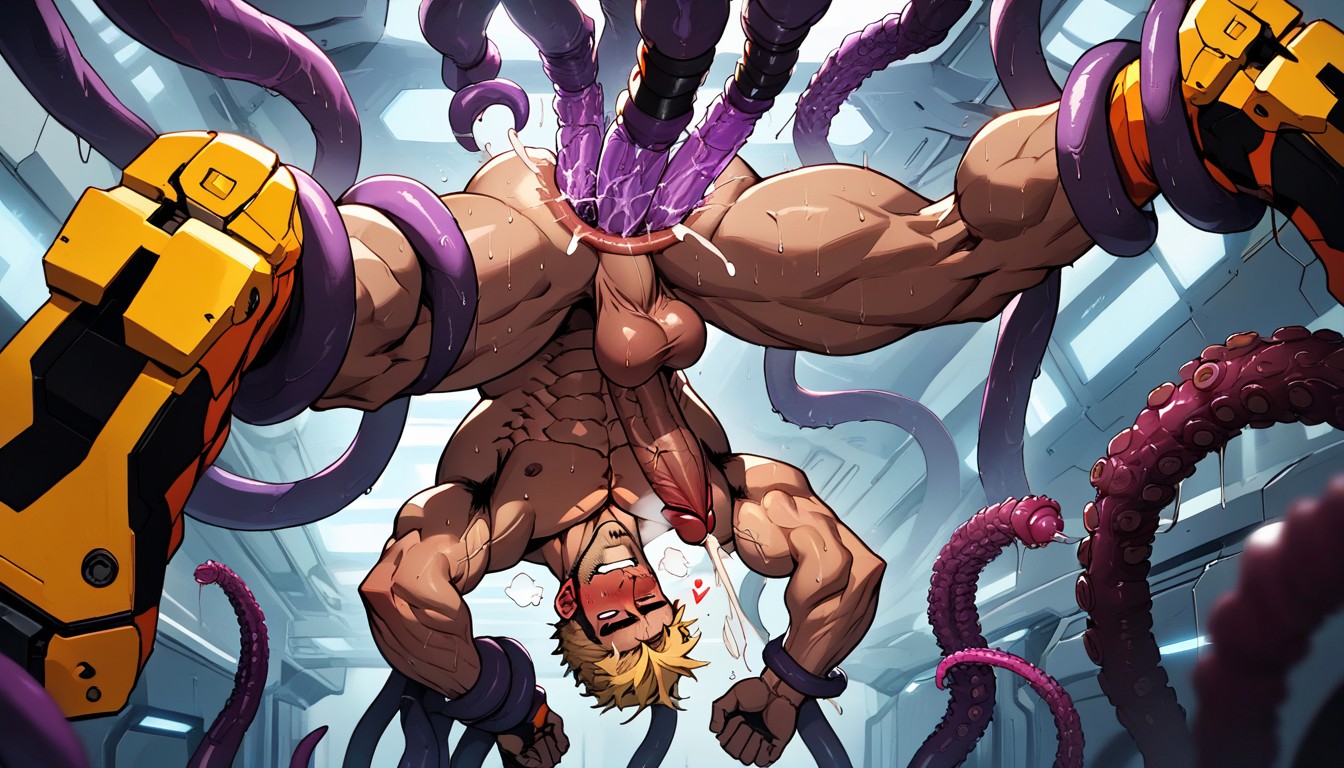 Sweat, Mechanical Tentacles In Background, Aesthetic AI Gay Porn