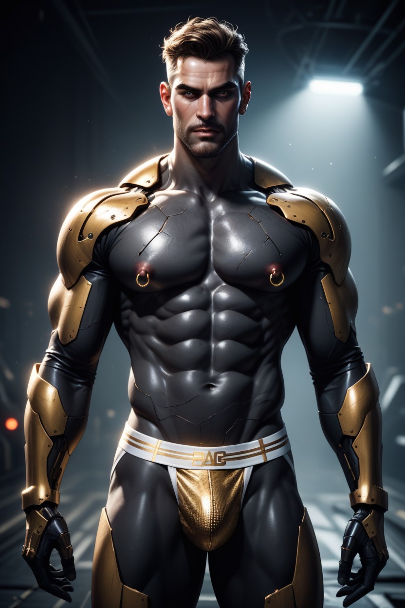The Lighting Is Soft And Ambient, Is Standing In A Dark, A Beautiful Male Figure With A Muscular AI Gay Porn