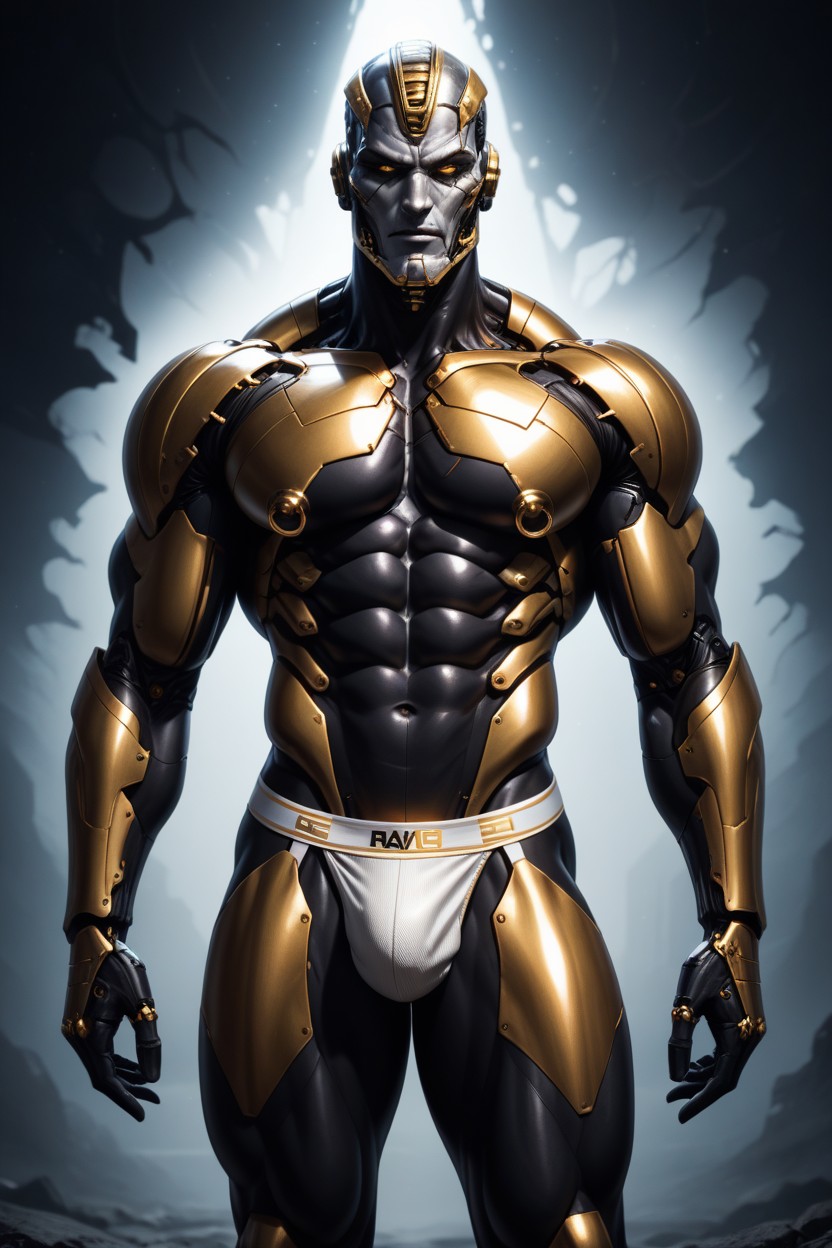 His Arms And Legs Show Patches Of Metallic, The Mood Is Surreal, Bare Torso And Subtle Biomechanical Enhancements AI Gay Porn
