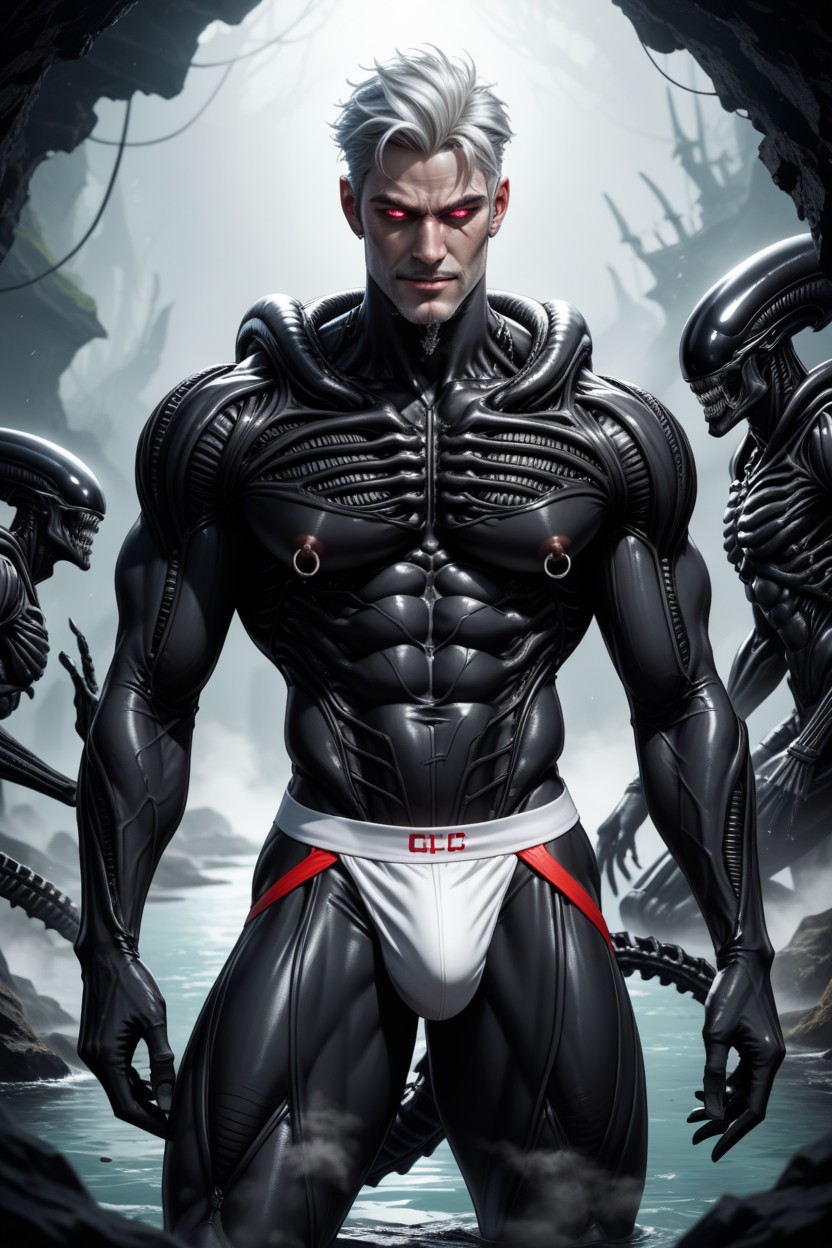Arrogant Smirk On Face, Glowing Tattoos, Black Background AI Gay Porn
