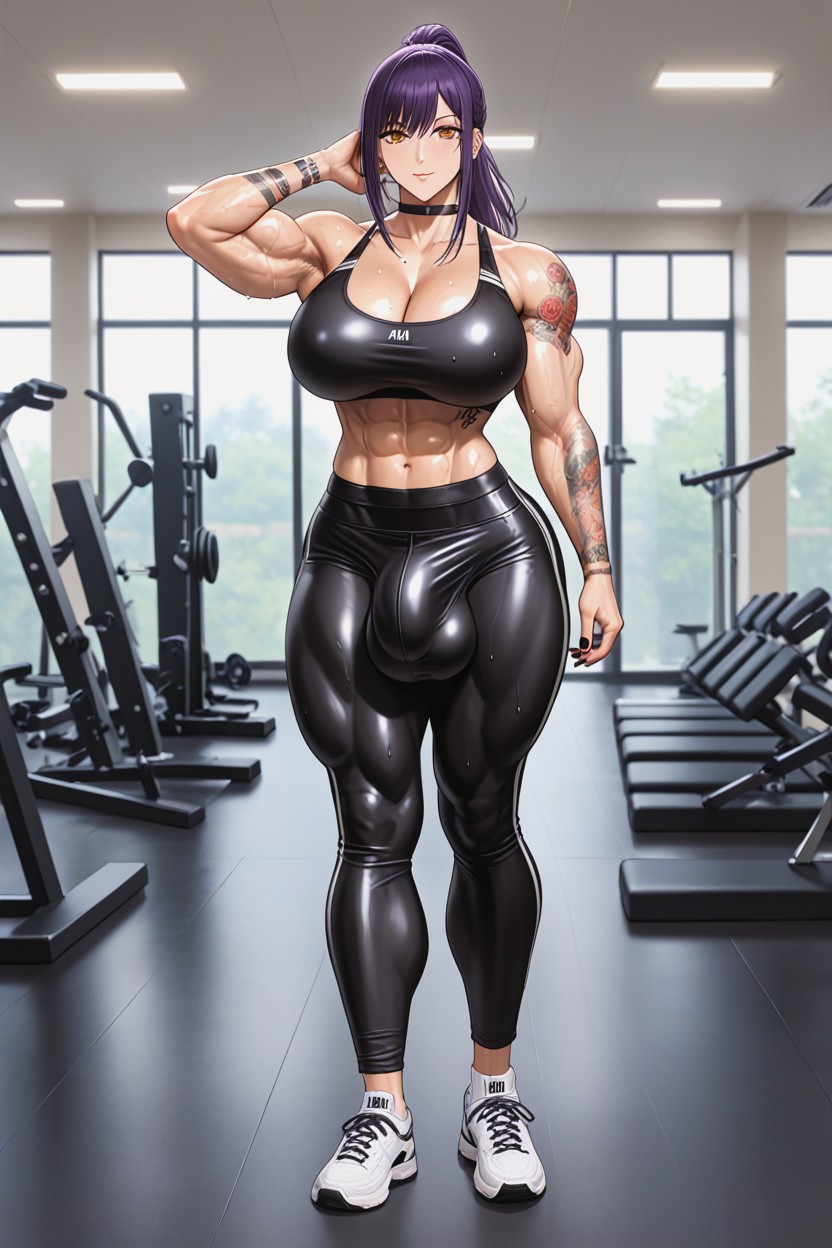 Hyper Wide Hips, Purple Hair, Bulge In Pants Shemale AI Porn