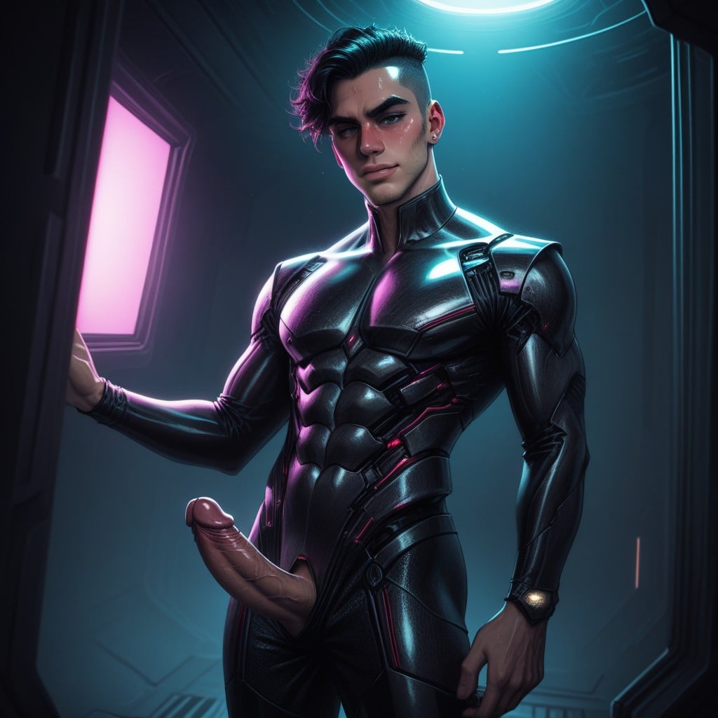 He Is Holding His Erect Cock In One Hand, Male Slit, 短髮 AI同性戀黃片