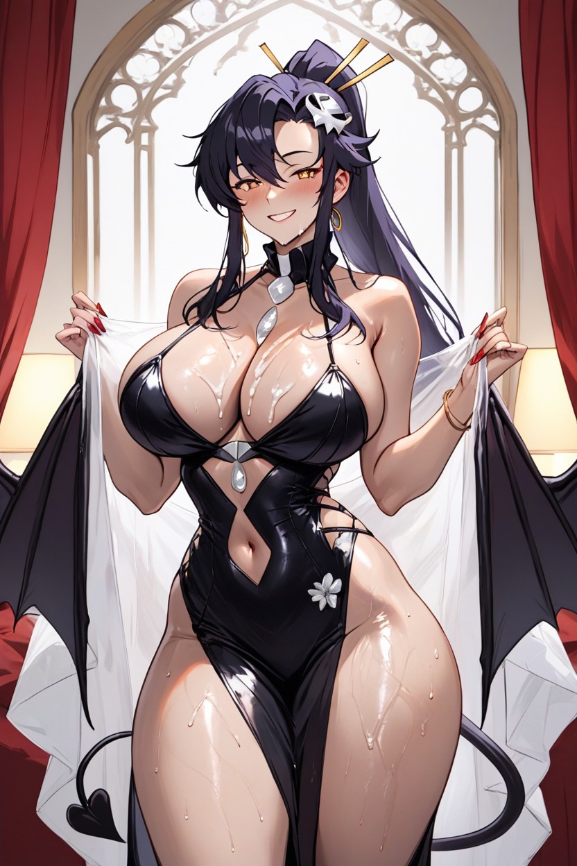 Wet Body, Purple Succubus Horns, Robotic Circuits Hentai AI Porn