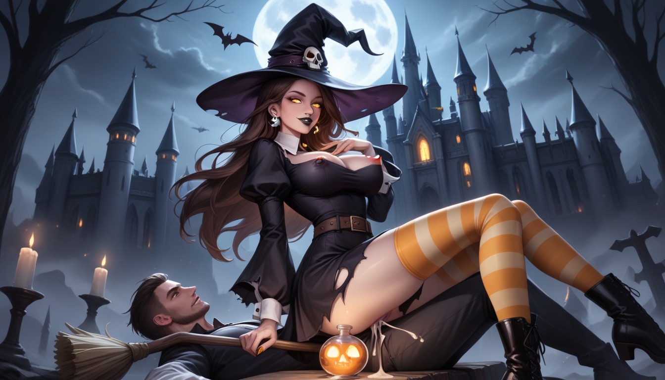2 People, Glowing Vial Potion On Their Waist, Dense Swarm Of Flying Bats Surround Female Hentai AI Porn