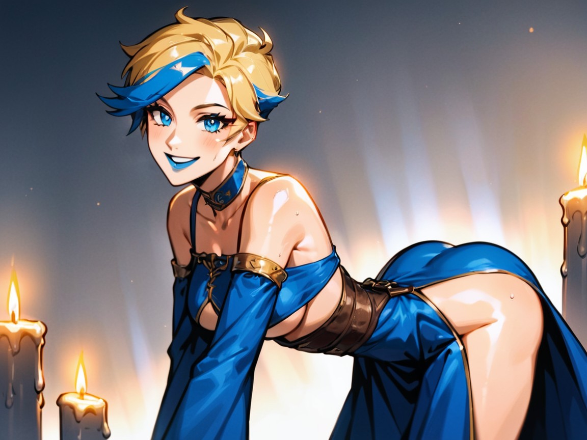 Wearing Blue Medieval Clothes, Vibrant Colors, Sonriendo Con La Boca Abierta Porno latina IA