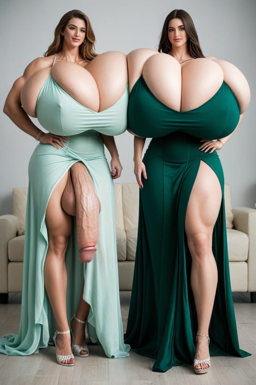 Hyper Long Cleavage, Standing Next To Lean Amazonian Husband, Seductive AI Porn