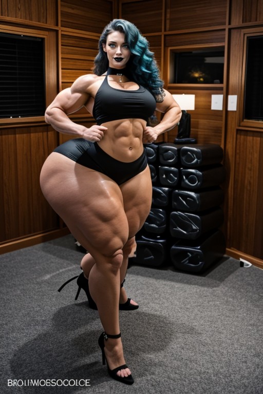 Steroid Freakish Muscular, Bright Green Eyes, Glossy Black Lipstick AI Porn