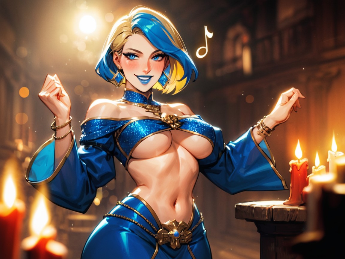 Neon Blue Music Notes In Background, Dimpled Cheeks, Enchantment ラティーナAIエロ