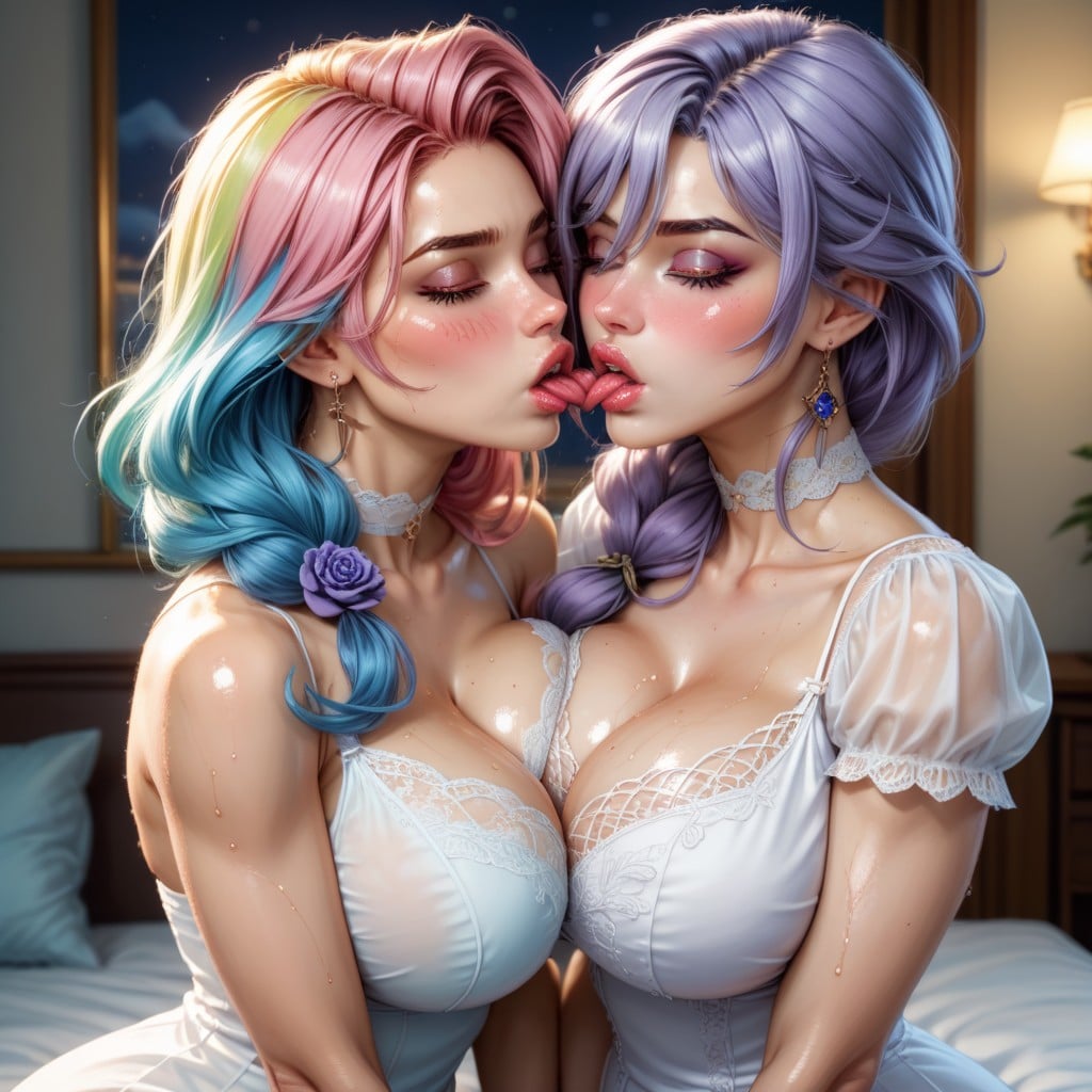 Wet Shiny Skin, Open Mouth Kissing, Two Women AI Porn