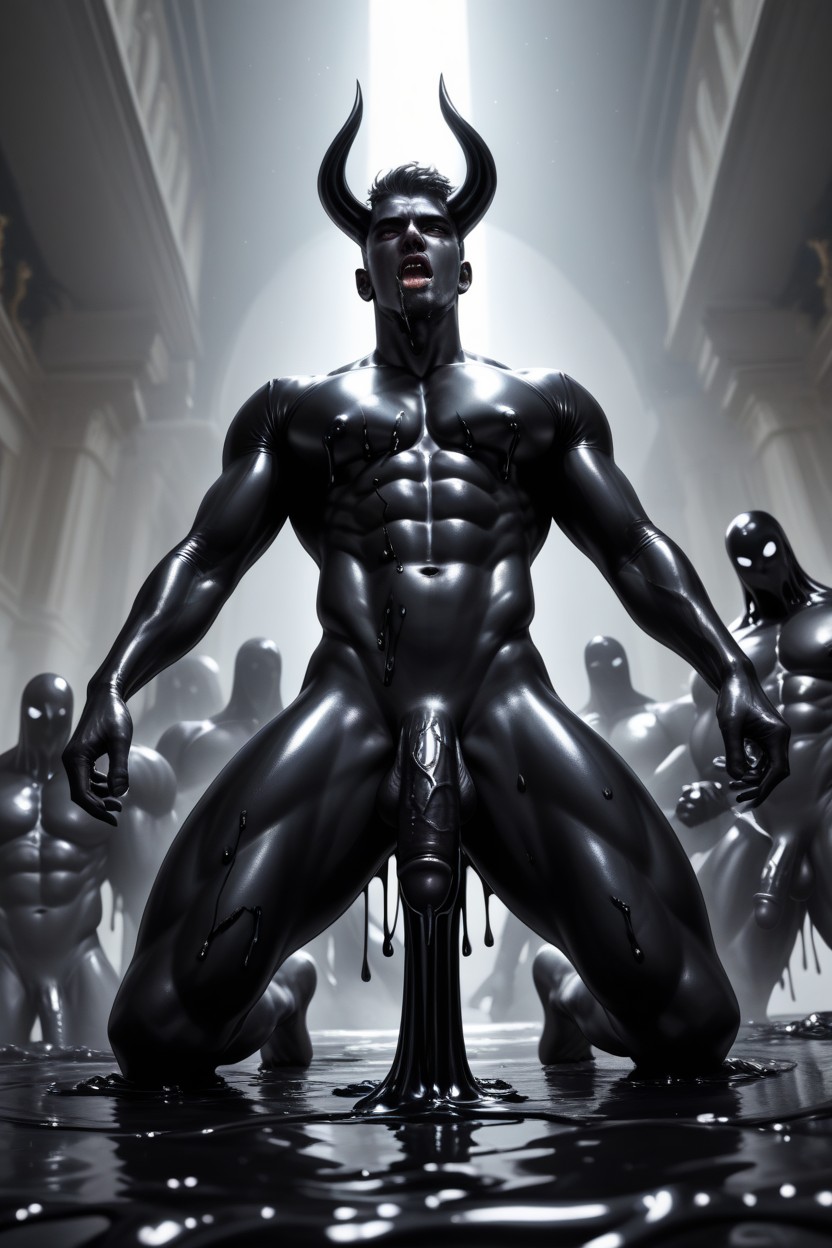 Black Horns On Head Of Black Devil, Slime Latex, Black Latex Bubbles Everywhere ゲイAIポルノ