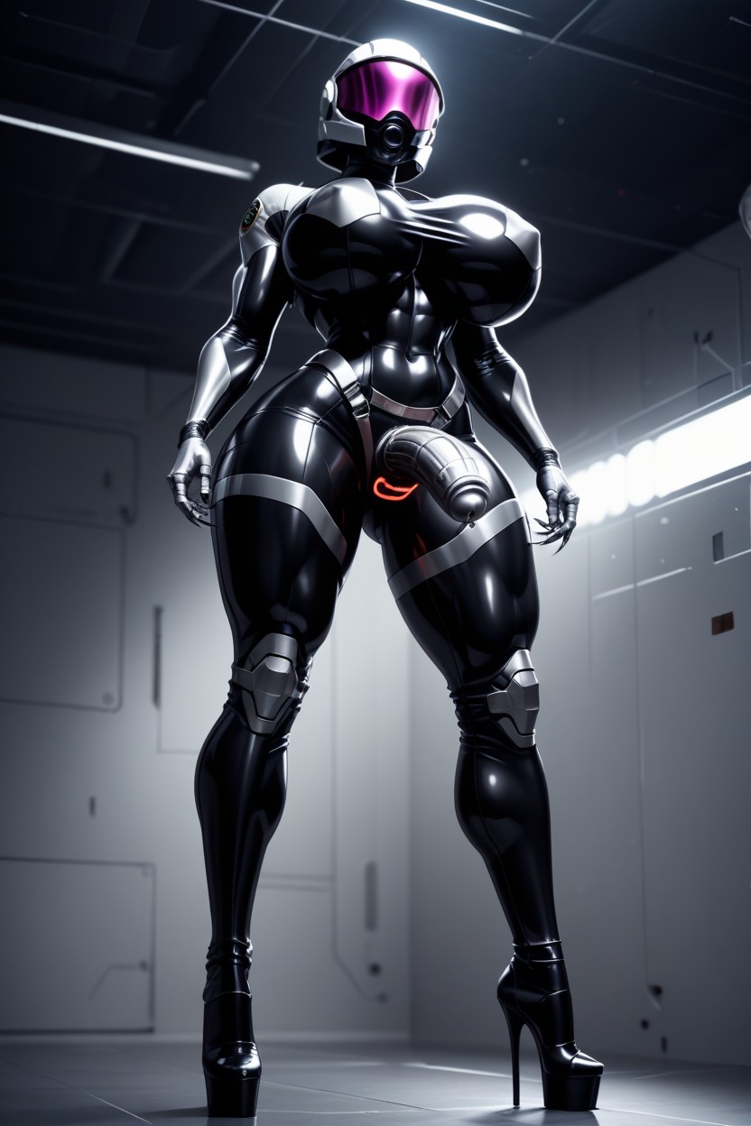 Metallic Spacesuit With Clear Helmet, Metallic Breasts, View From Below AI Porn