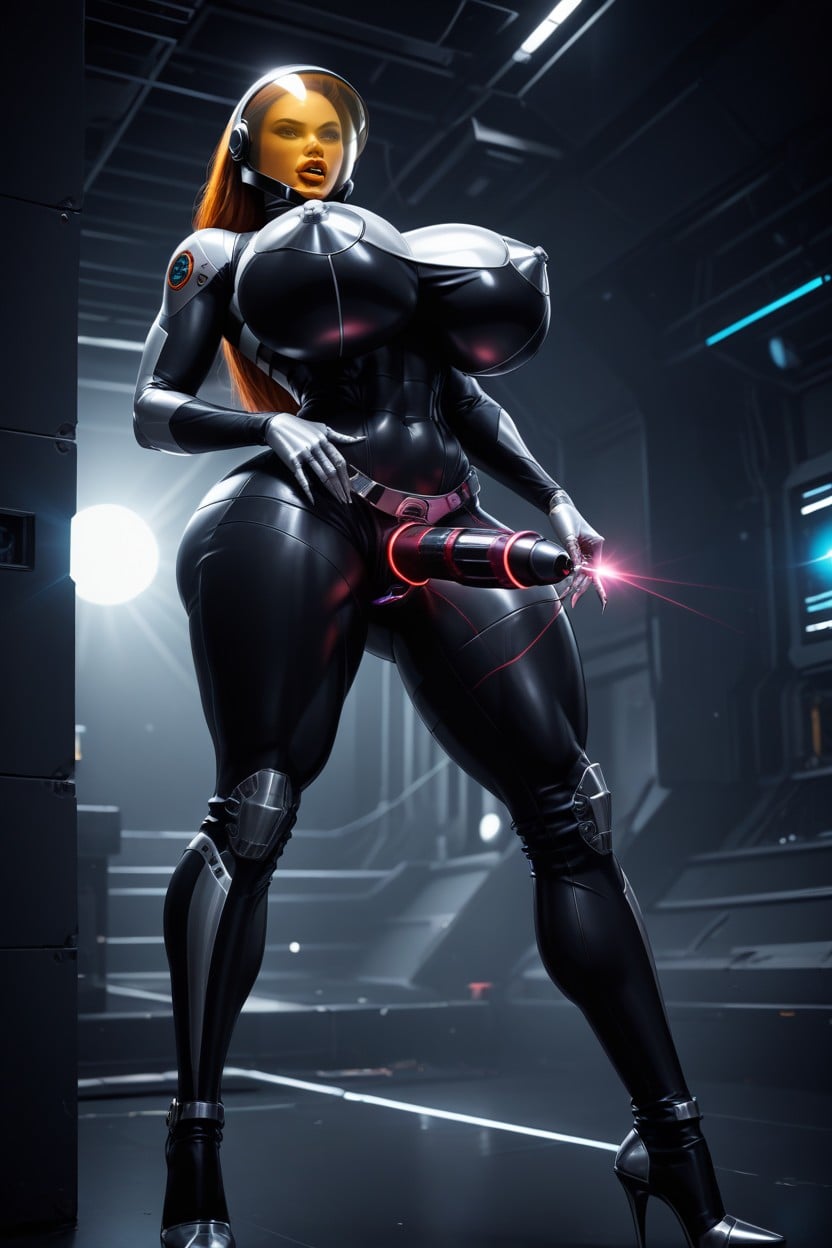 Metallic Spacesuit, All Of Her Body Is Shiny Metallic, Opened Mouth AI Porn