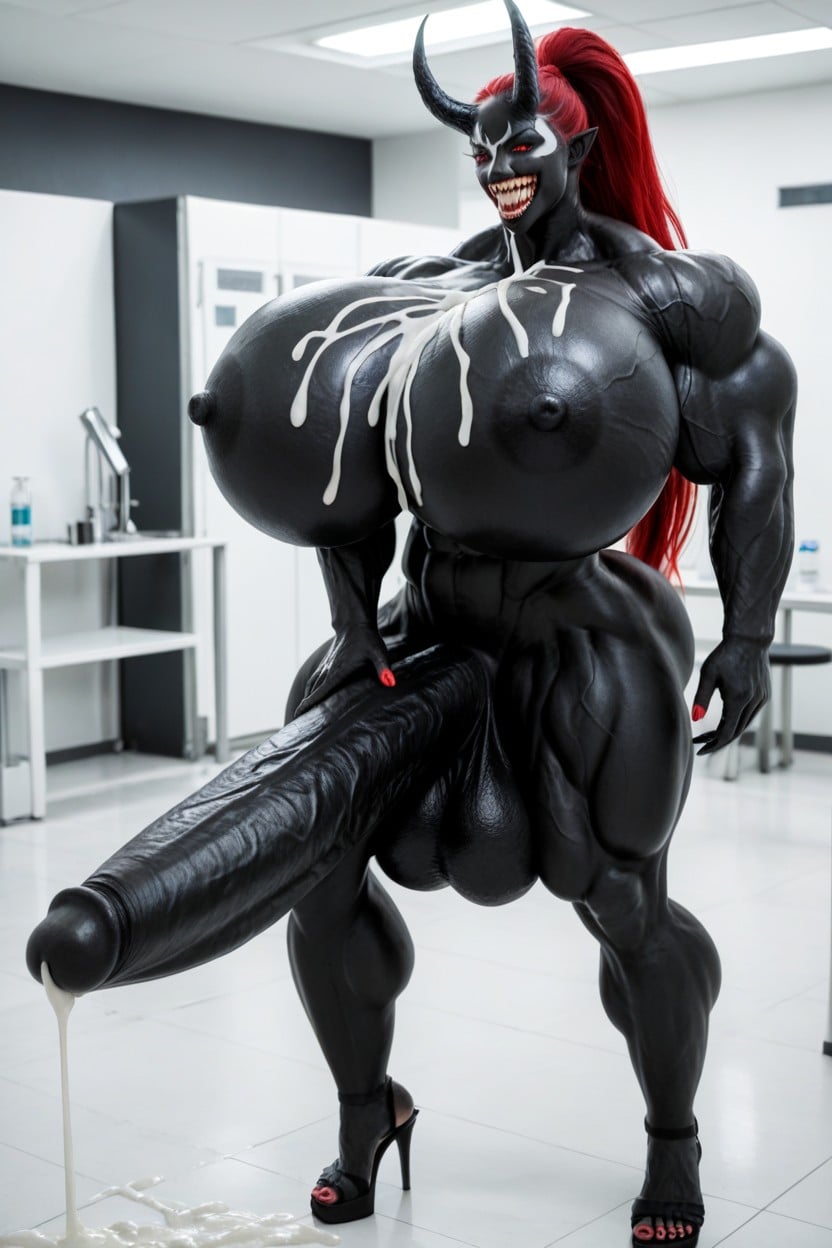 Colossal Breast, Beautiful Human Female Face, Venom Black Skin Shemale AI Porn