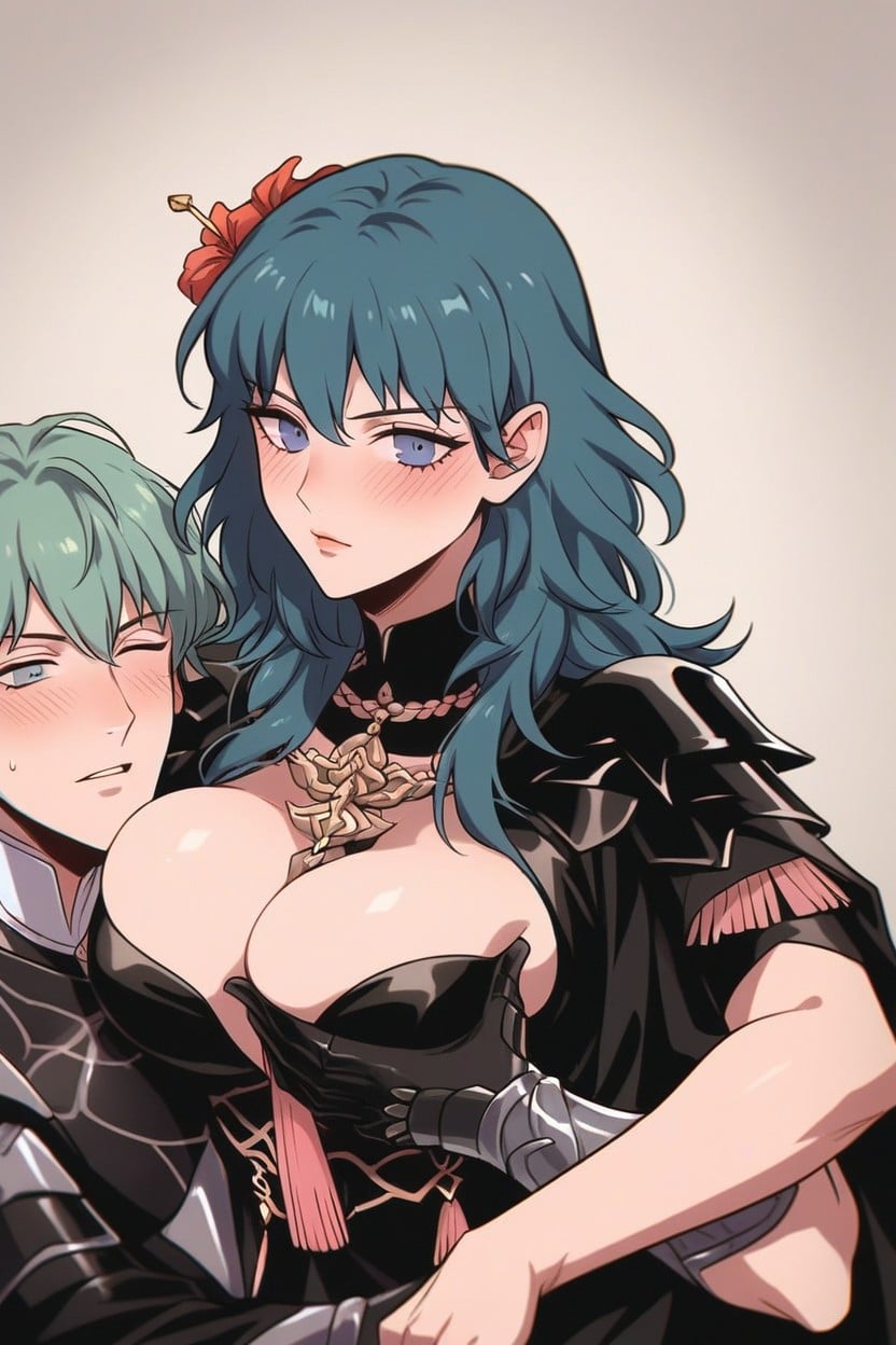 Man Burries His Face Between Byleths Breasts, Mans Head On Byleths Breasts, Large Breast Hentai AI Porn