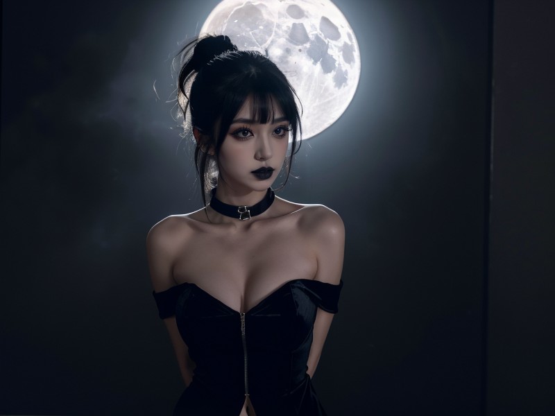 Strong Contrast, Glossy Black Lipstick, Ponytail Hair Porno asiático IA