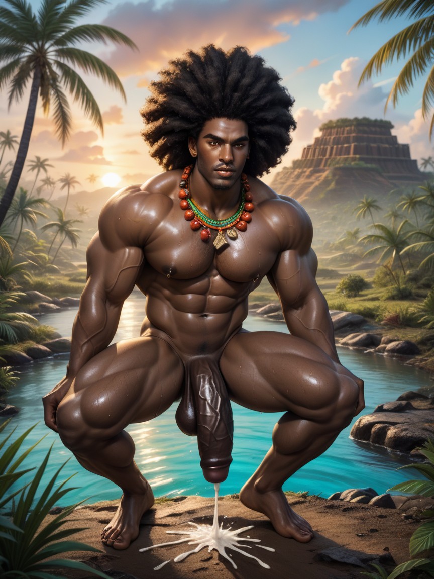 Sculpted Physique With Well Defined Muscles, Crop Afro Black Hair, Tropical Landscape With Tall Palm Trees ゲイAIポルノ