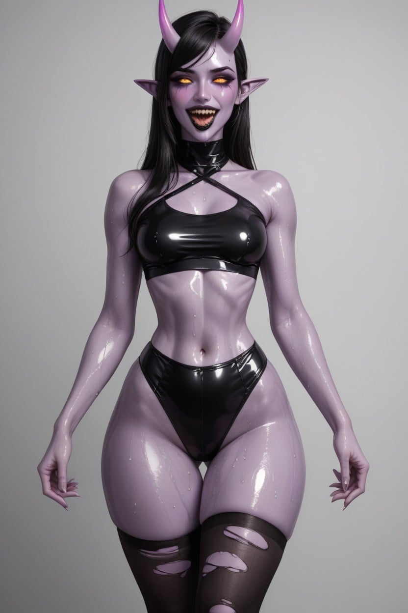 Crop Top, Ahegao, In Black Ripped Nylon Stockings AI Porn