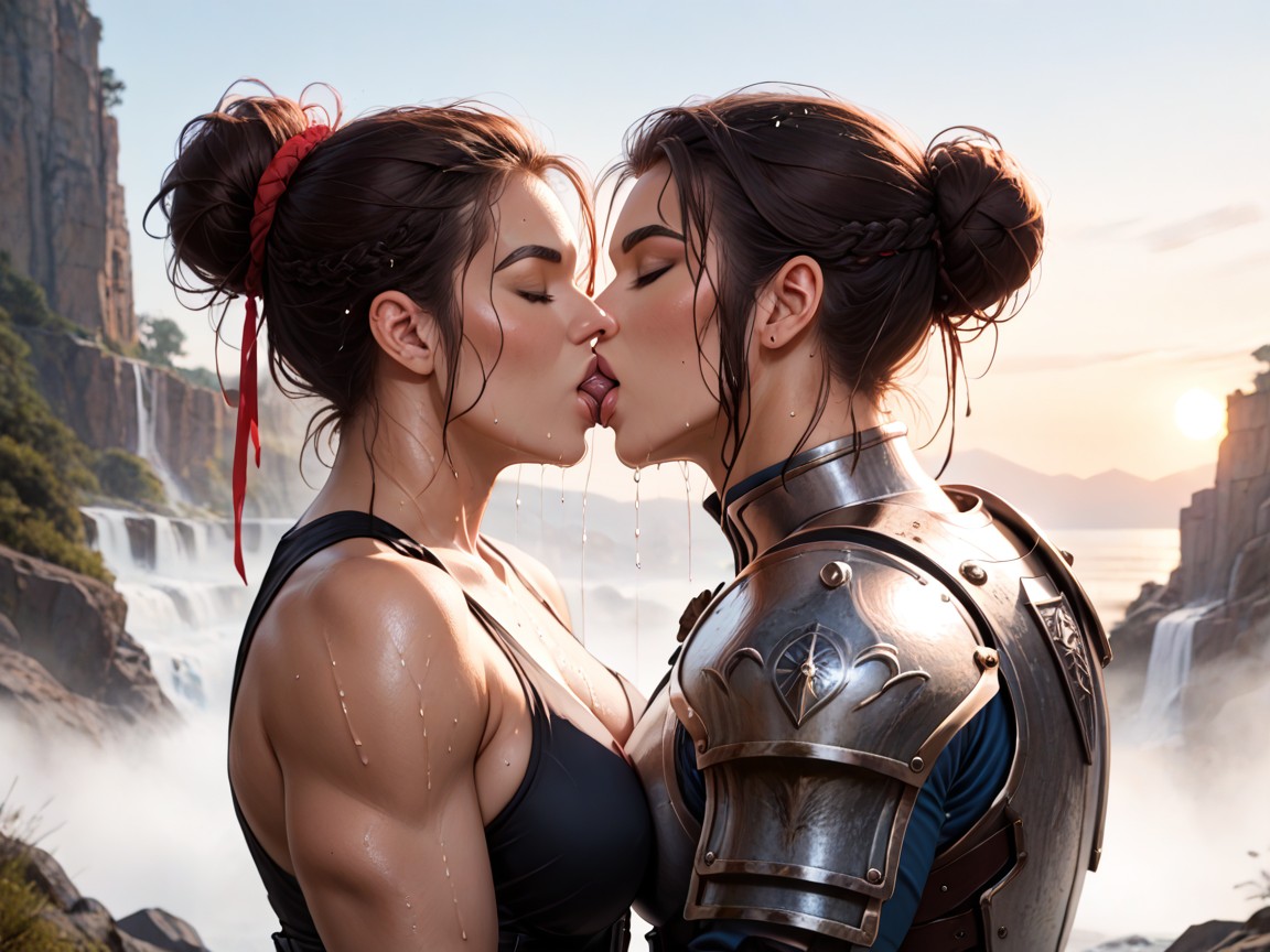 And Wet Hair Bun, Two Voluptuous Athletic Spartan Warrior Princesses Kissing, Break AI Porn