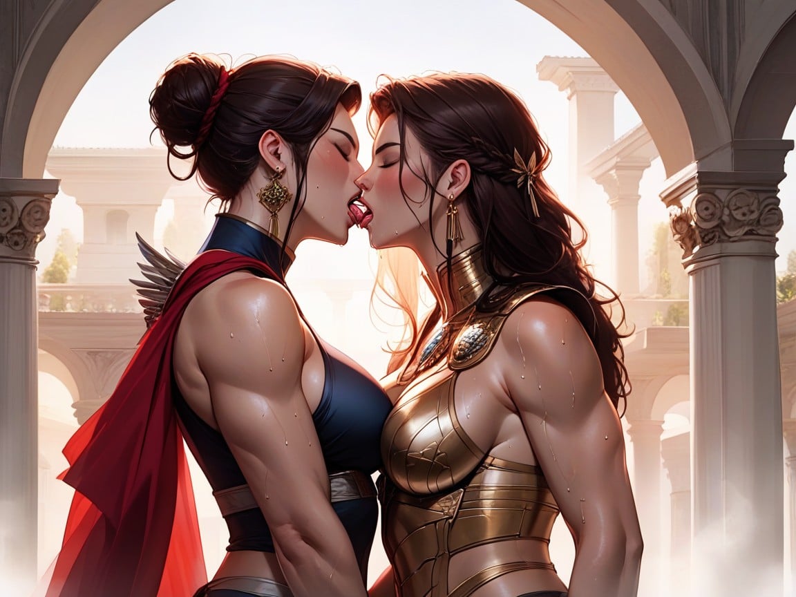 They Have A Traditional Spartan Shield Strapped To Their Back, And Sweaty Skin, Lesbian Kissing AI Porn