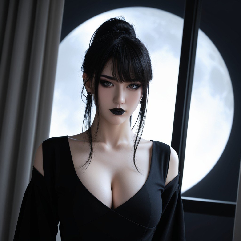 Челка, Realistic Portrait Of A Gothic Glam East Asian Woman, Goth Makeup ИИ гей порно