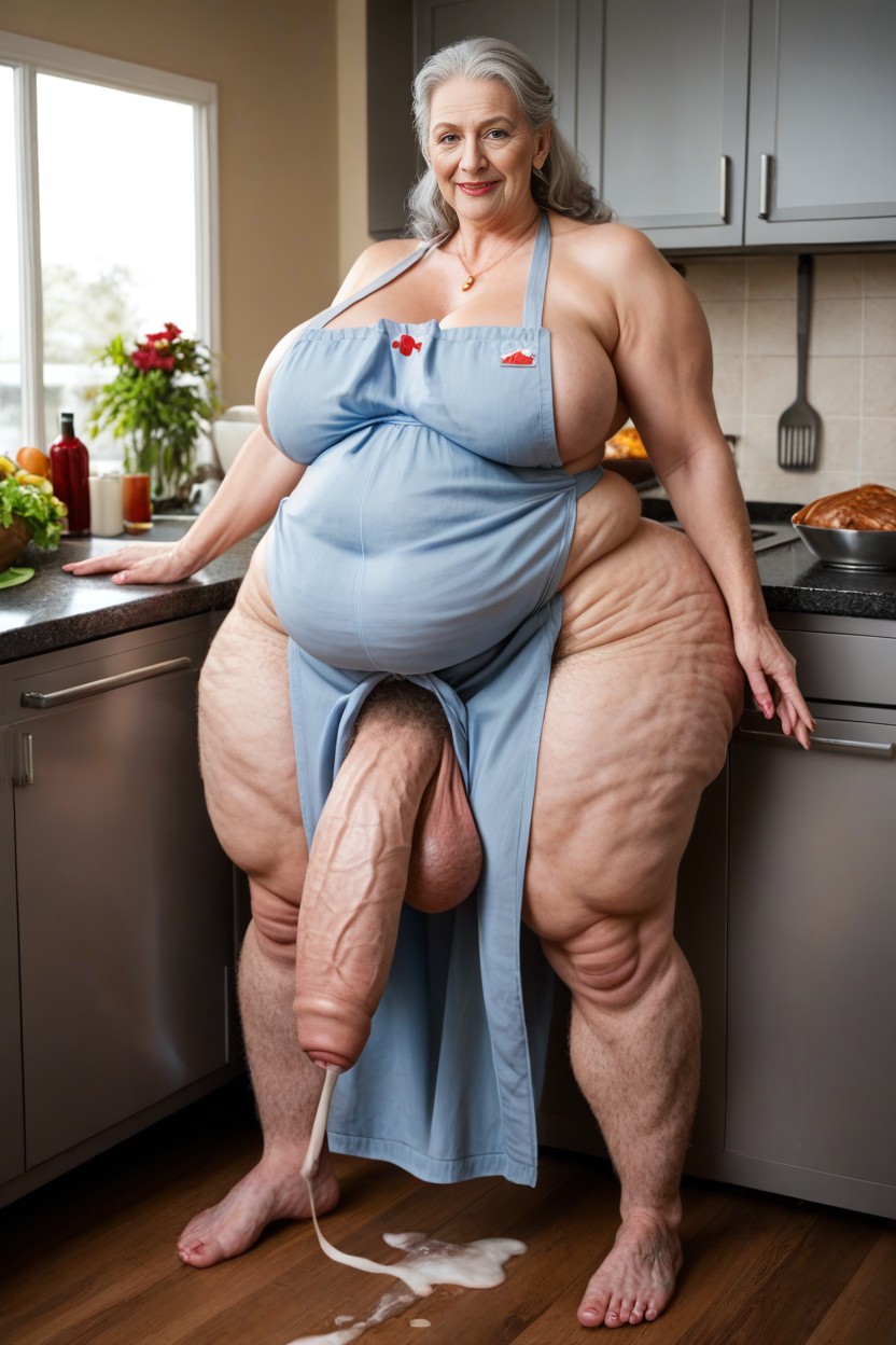 Hyper Hairy Chest Hair Extremely Massive Long Bulge Through Clothing, Giant Tall Futanari, Food In Bowl AI Porn