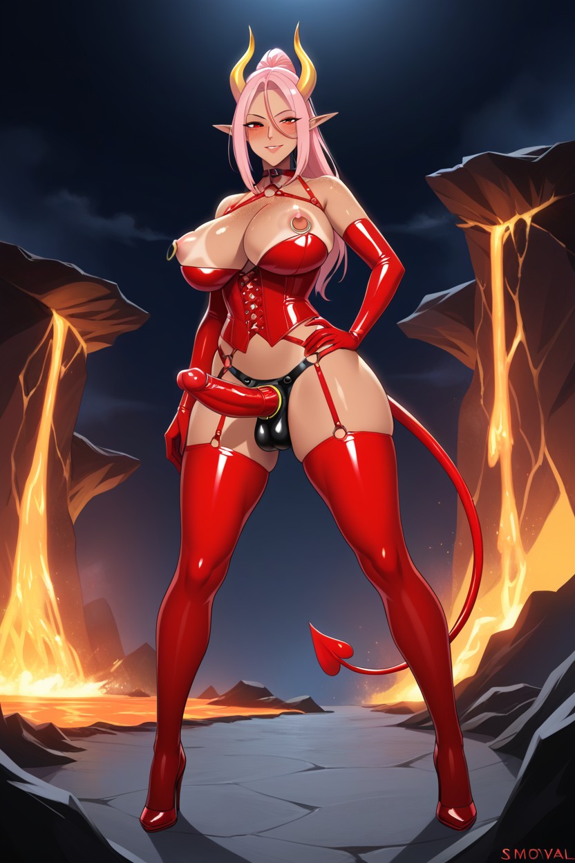 Yellow Horns, Golden Nipple Ring Piercings, Long Red Shiny Gloves Hentai AI Porn