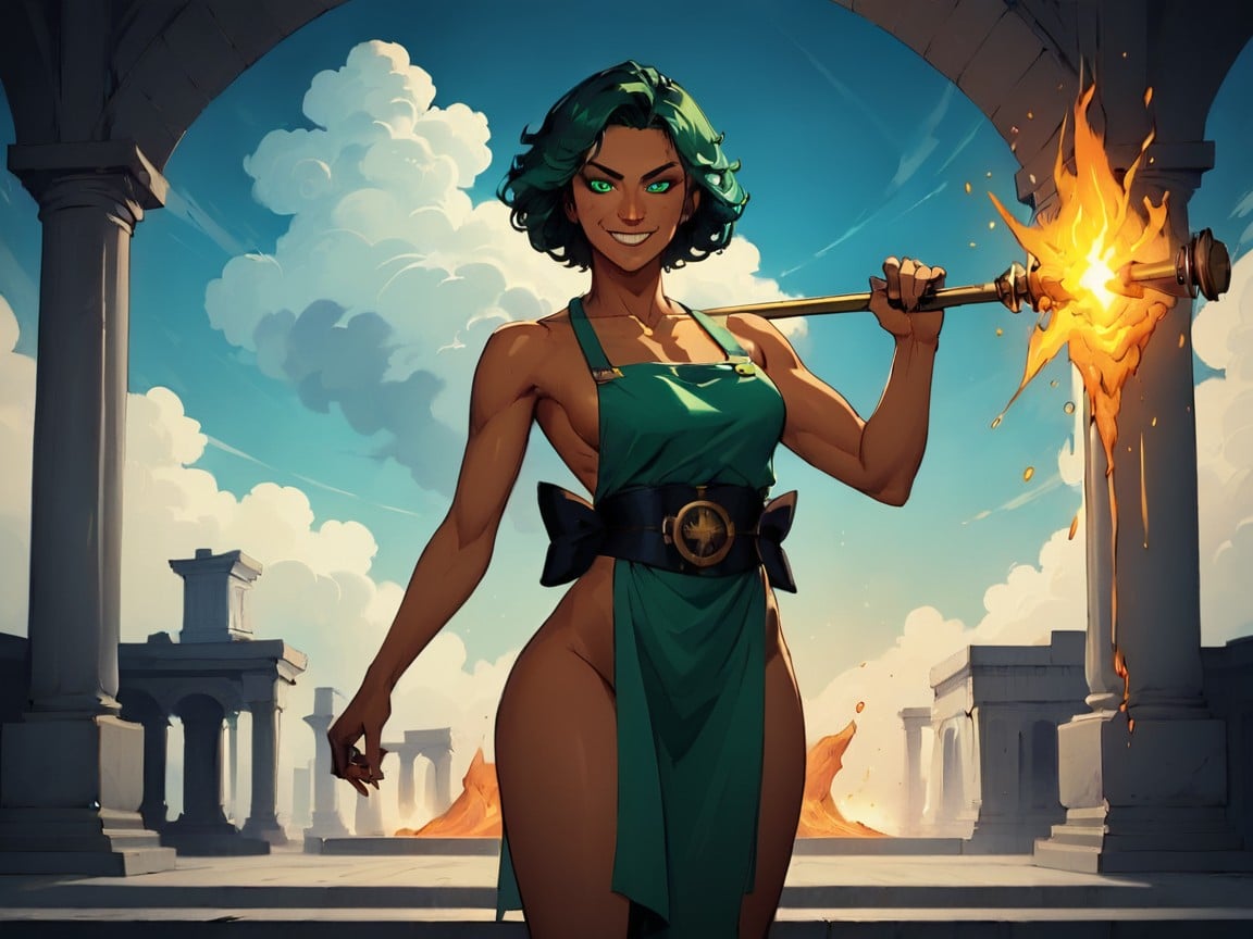 Sparks In Background, Wide Proportionate Waist, Wearing Green Blacksmith Clothes Porno latina IA
