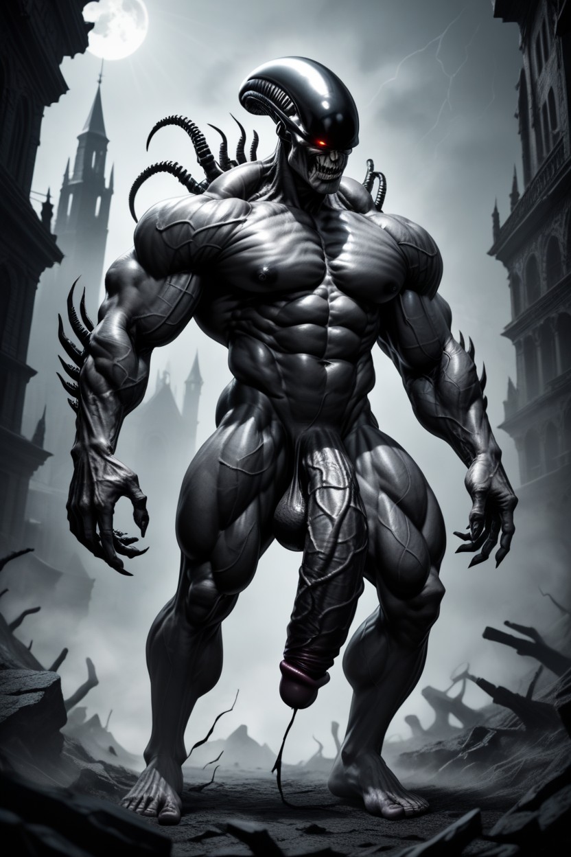 Gothic Surreal Horror, Villainous Face, Handsome Human Male KI Schwulenporno